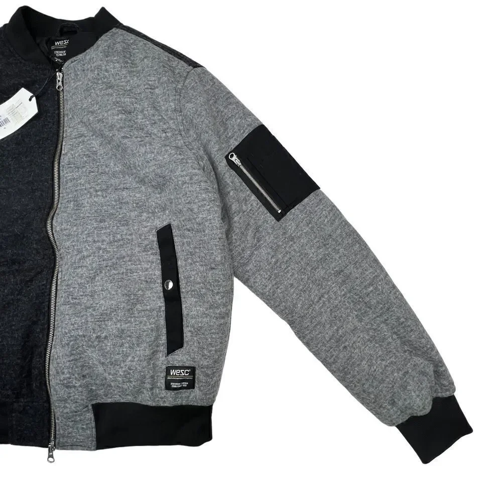 New Wesc Mumel Women Bomber Jacket US L Melange Grey Colorblock Flannel $225